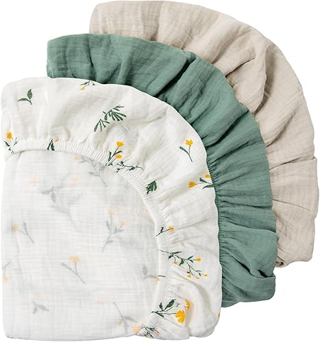 Vista 8 de Gllquen Baby Sábanas de Muselina para Moisés Paquete de 3, Sábanas Ajustadas de Algodón Transpirables Elásticas y Acogedoras para Colchón de Moisés