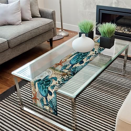 Miniatura 7 de Camino de mesa con diseño de tortugas de animales del océano, mantel de lino rústico de otoño, para cocina, comedor, decoración para fiesta en el