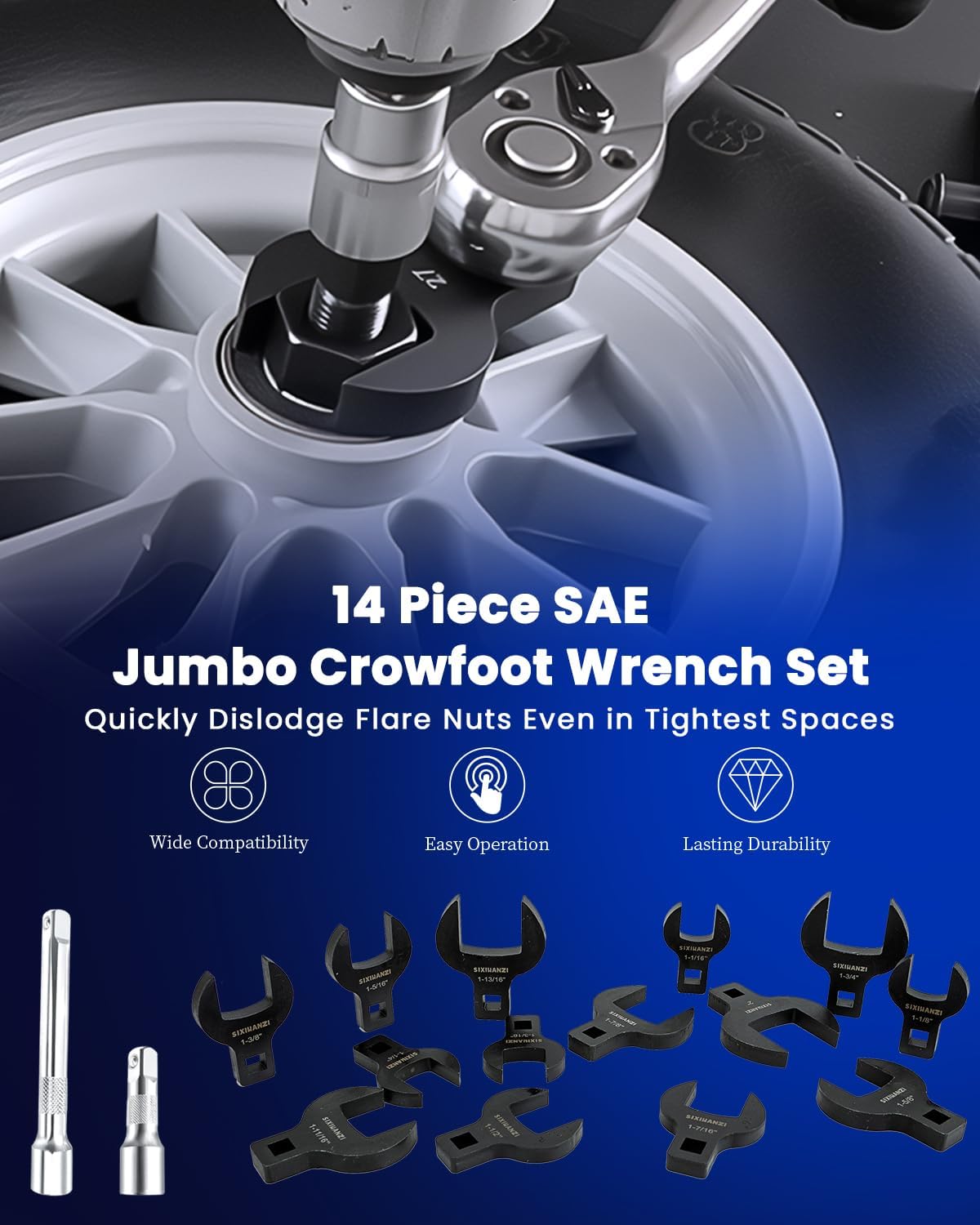 SIXIWANZI 14PCS Jumbo Crowfoot Wrench Set, SAE 1/2" Drive, Cr-V Steel Crowfoot Wrenches for 1-1/16" to 2" Flare Nuts