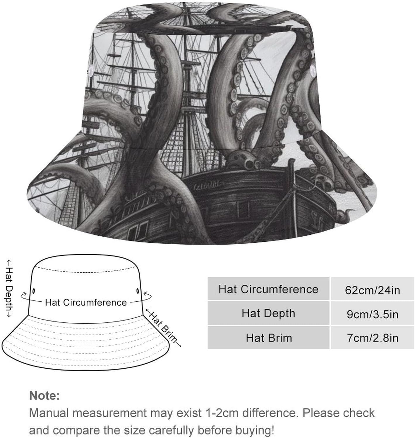 Black and White Octopus and Ship Bucket Hat Packable Sun Hats Travel Summer Beach Fisherman Cap for Women Men Teens