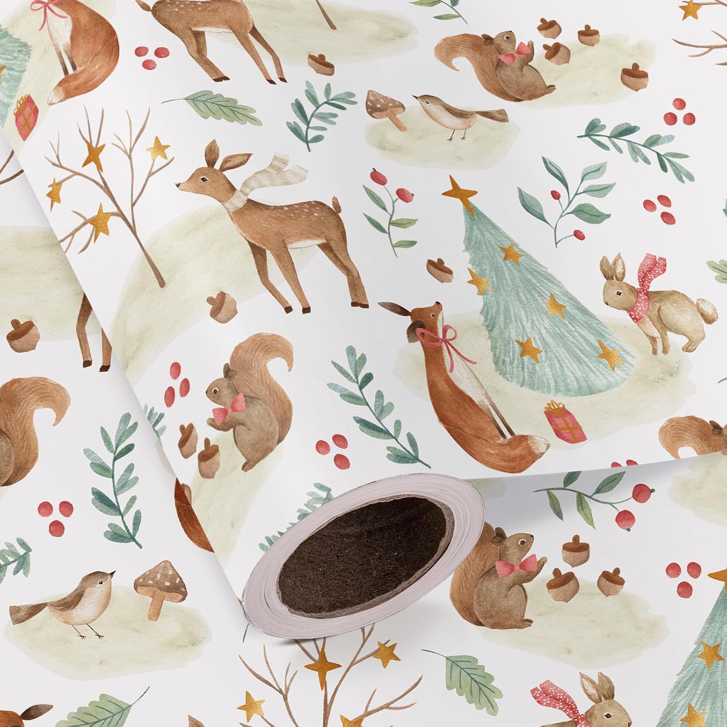 WRAPAHOLIC Kraft Christmas Wrapping Paper - Mini Roll - 17 Inch x 16.5 Feet - Warm Forest Animal Friends and Christmas Tree Wrapping Paper for Holiday, Party Celebration image 2