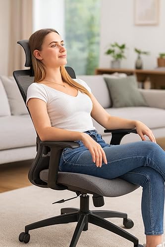 Miniatura 5 de Silla de oficina ergonómica de malla con respaldo alto con soporte lumbar ajustable, base giratoria de 360 y reposacabezas - Silla de escritorio