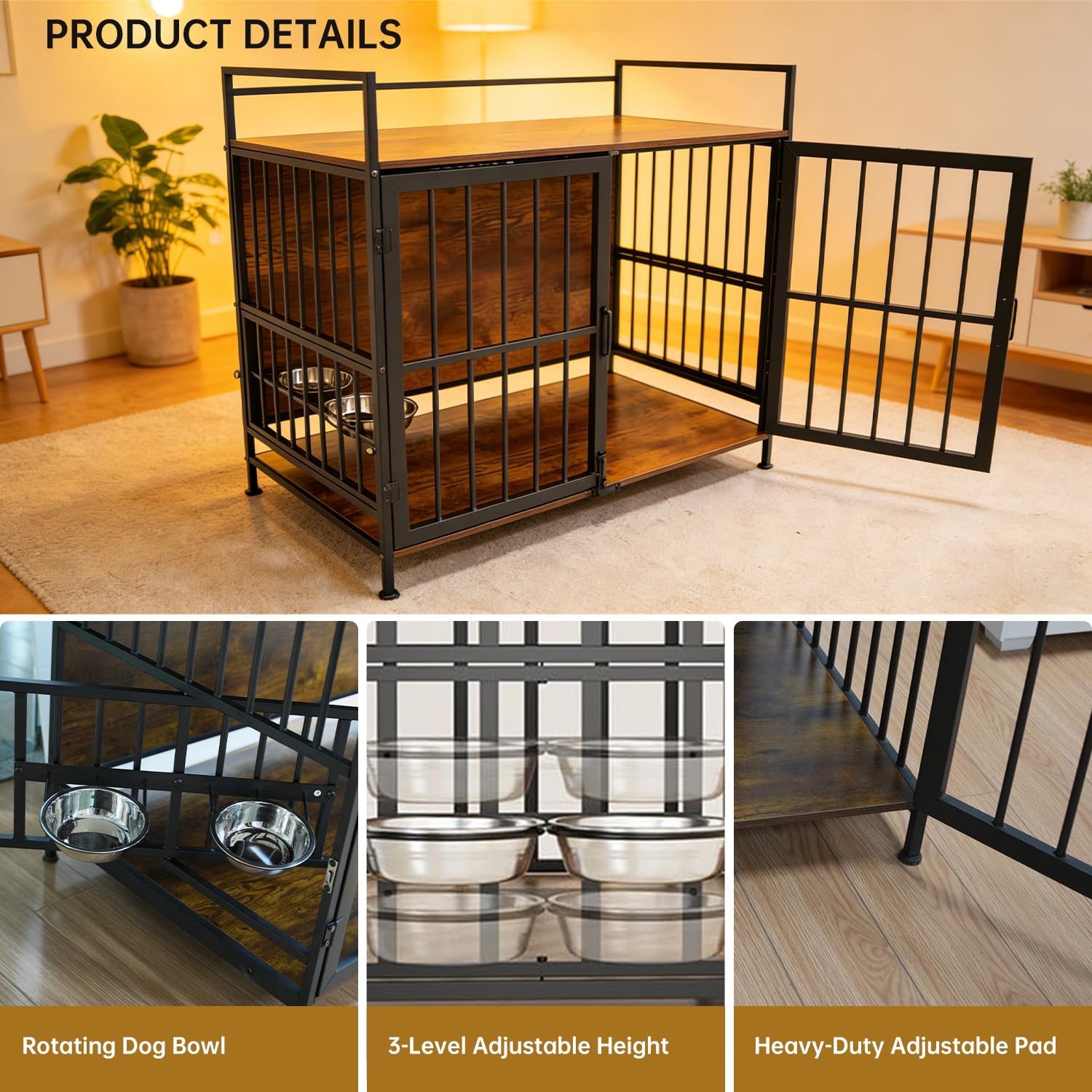 Heavy Duty Dog Crate Furniture with Feeders, Wooden End Table Kennel for Large & Medium Dogs, Chew Proof Indoor Pet Cage with Double Doors