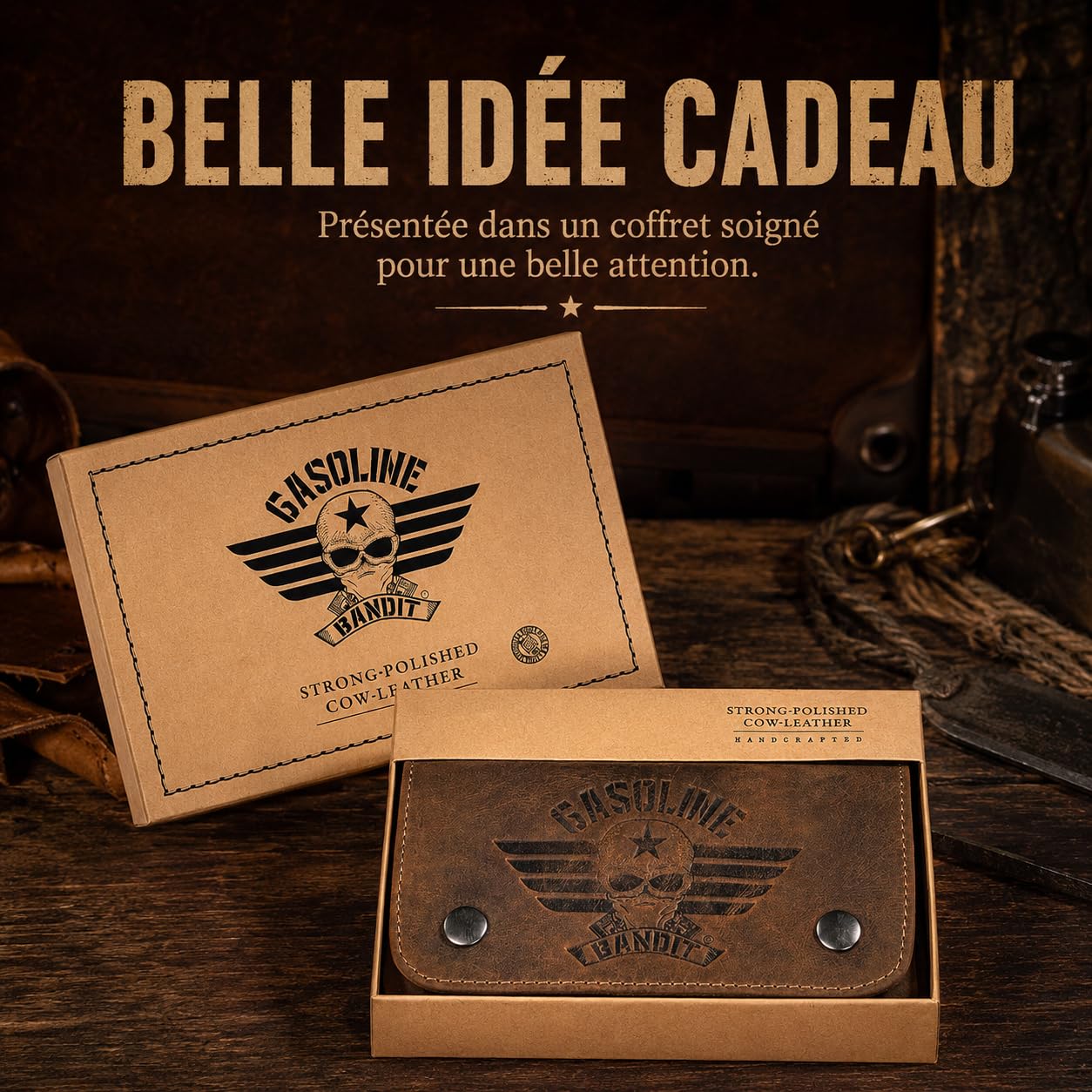 GASOLINE BANDIT Blague à Tabac en Cuir Véritable | Pochette Tabac Vintage en Cuir Bovin Ciré, Étui à Tabac Souple avec Distributeur de Papier, Look Usé, 9 x 15 cm