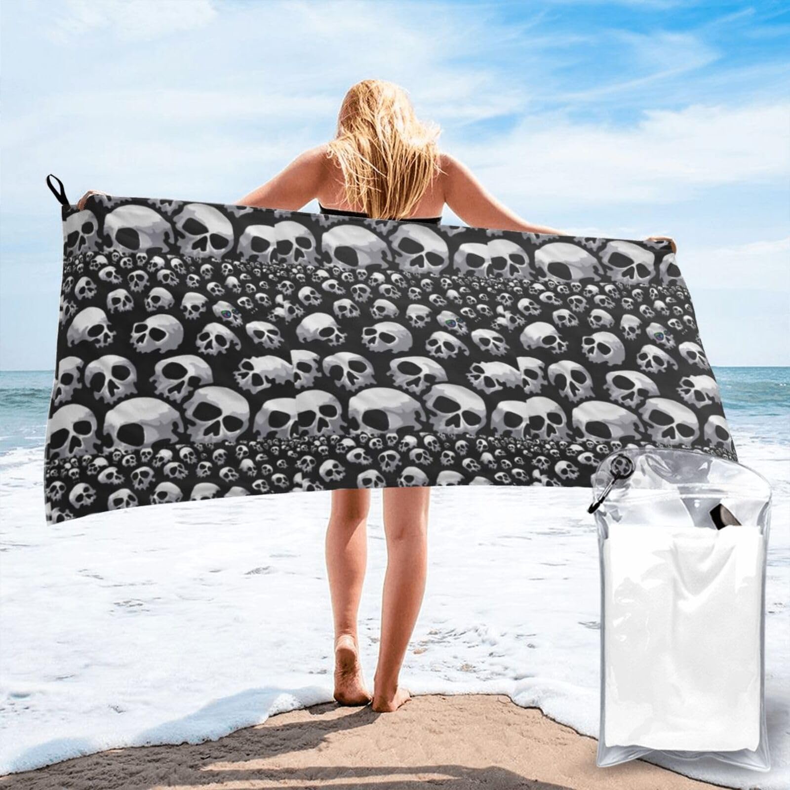SDEGTHO Skull Print Beach Towel Quick Dry Portable For Swimming Yoga Adults Fitness
