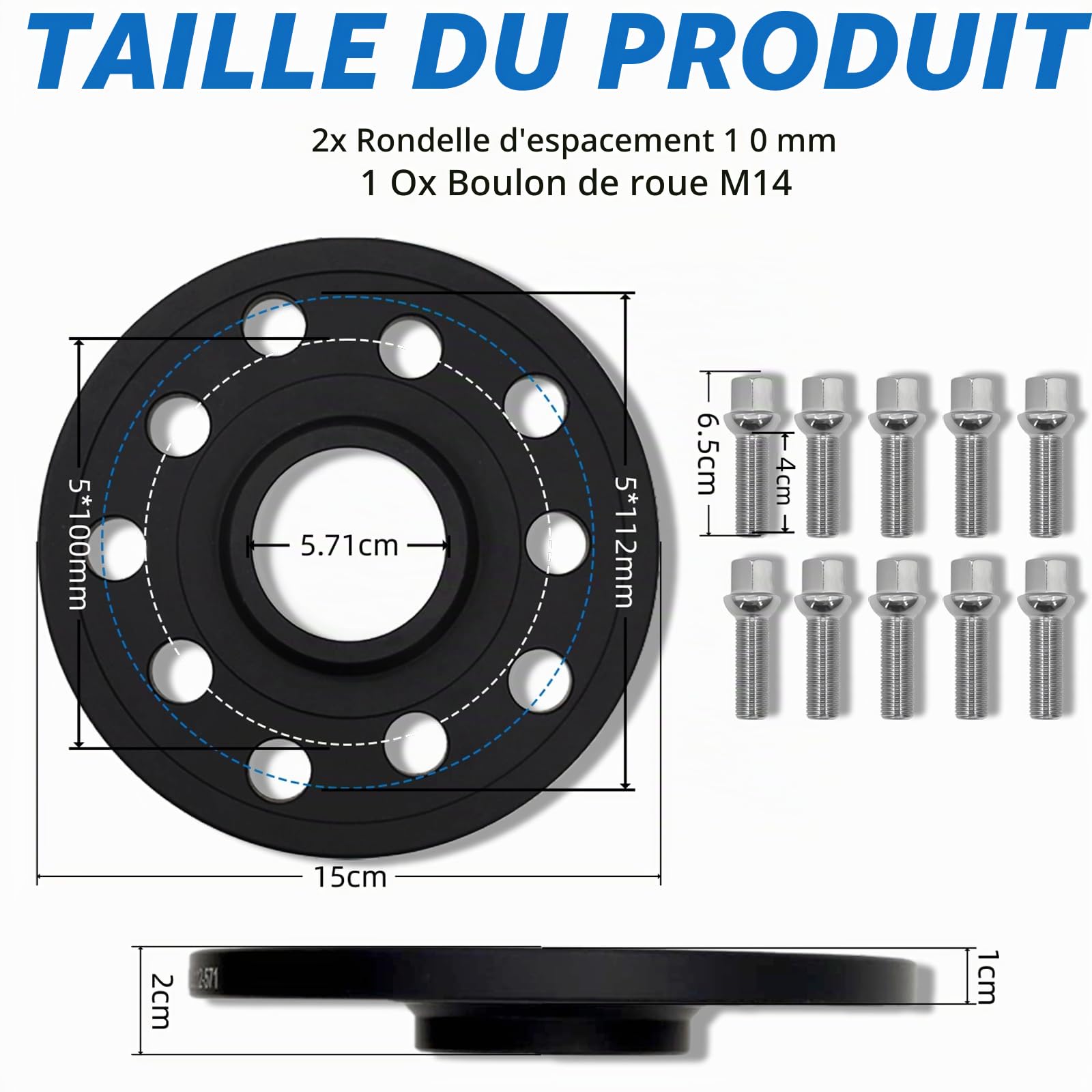 Jeu de 2 entretoises de Roue de 10 mm 5x100 + 5x112, avec boulons de Roue allongés M14x1,5, Trou Central 57,1 mm, Convient pour Volkswagen Golf GTI/Polo et Autres modèles
