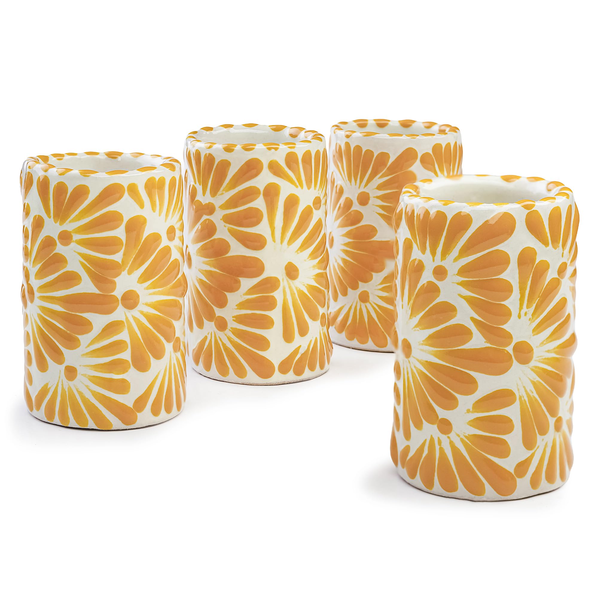 Talavera Shot Glasses Set of 4 Authentic Mexican Tequila Shot Glasses - Hand-painted - 2 Oz (Yellow Floral Jalón Design)