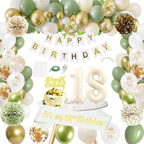 Decoraciones de cumpleaños 18 color verde salvia para niñas, juego de decoraciones de cumpleaños de 18 años verde oliva y dorado, pancarta de feliz