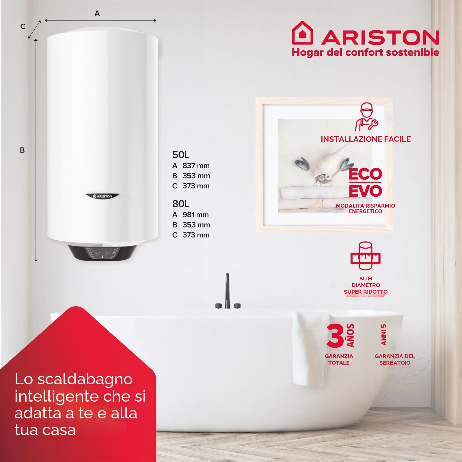 Ariston, Pro1 Eco Slim - Scaldabagno Elettrico Verticale, Thermos Elettrico 50 Litri, Regolazione della Temperatura Esterna 37,3 x 35,3 x 83,7 cm, Prodotto per Installazione in Spagna (Classe