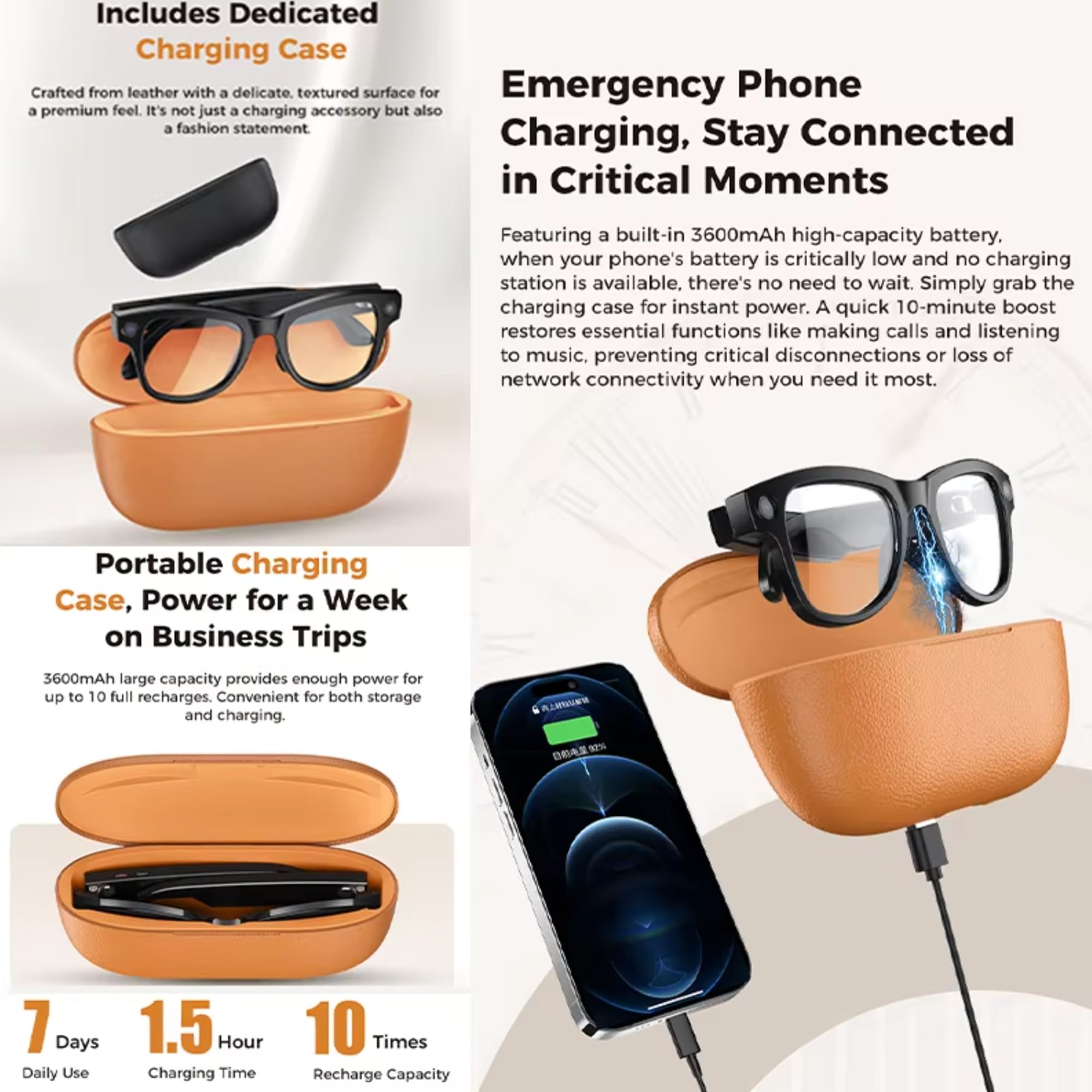 AI Smart Glasses - 4K/8MP Anti-Shake Cam, Bluetooth Chiamate, Registrazione video, Traduzione in tempo reale/Riconoscimento GPT, 290mAh, 3000mAh Custodia di ricarica (include lenti trasparenti