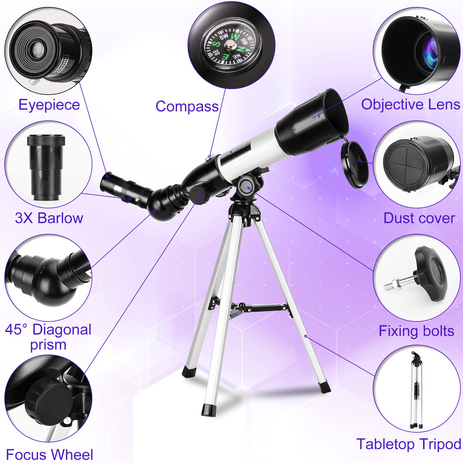 Telescopio Rifrattore 360/50mm Per Bambini E Principianti – Treppiede Portatile, Osservazione Di Luna, Stelle E Paesaggi, Regalo Natale Perfetto