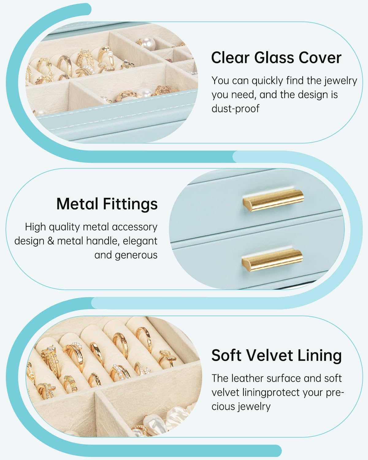 AKOZLIN Jewelry Box with Clear Lid Functional Leather Jewelry Storage Organizer Case 2 Drawers for Women Girls Necklace Ring Bracelet Earring 2 Layer Blue Grey