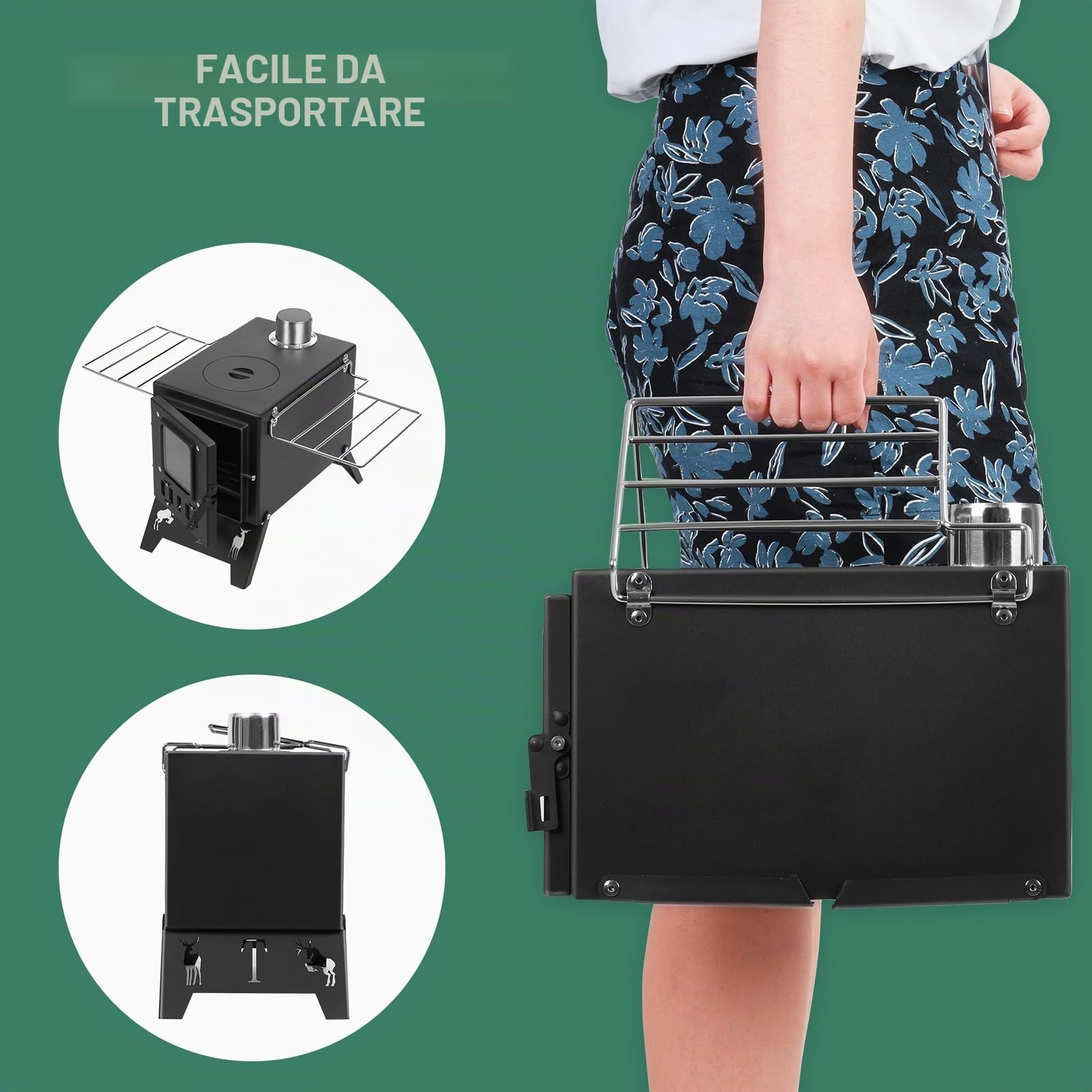 Stufa a legna pieghevole portatile per campeggio, tenda calda con 5 tubi per camino per esterni, campeggio, cucina, riscaldamento, barbecue, escursionismo, pesca, caccia, colore nero