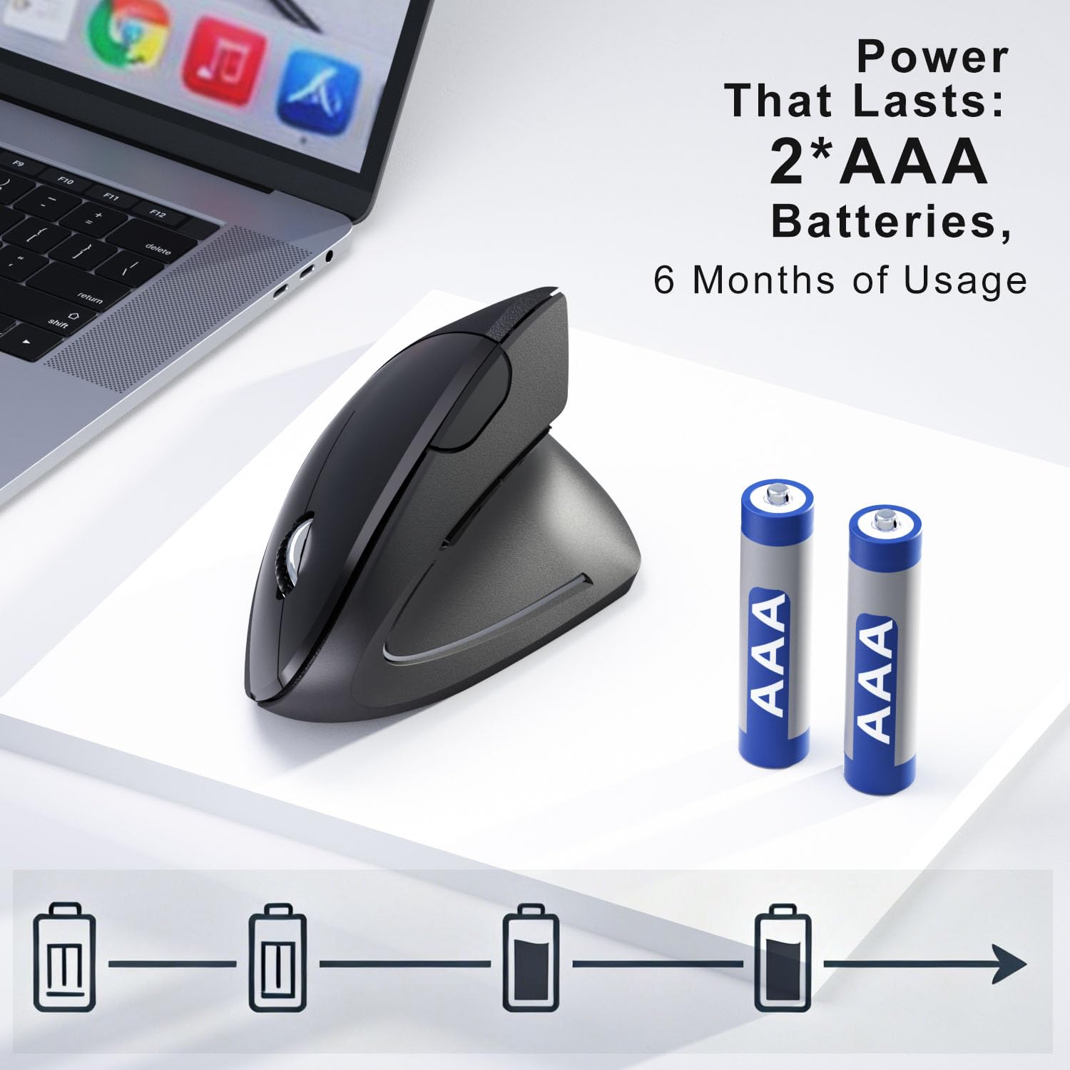 Mouse ergonomico senza fili, mouse verticale wireless USB 2.4G, DPI regolabile (800/1200/1600), clic silenziosi, 6 pulsanti per laptop, PC, Mac, desktop - nero