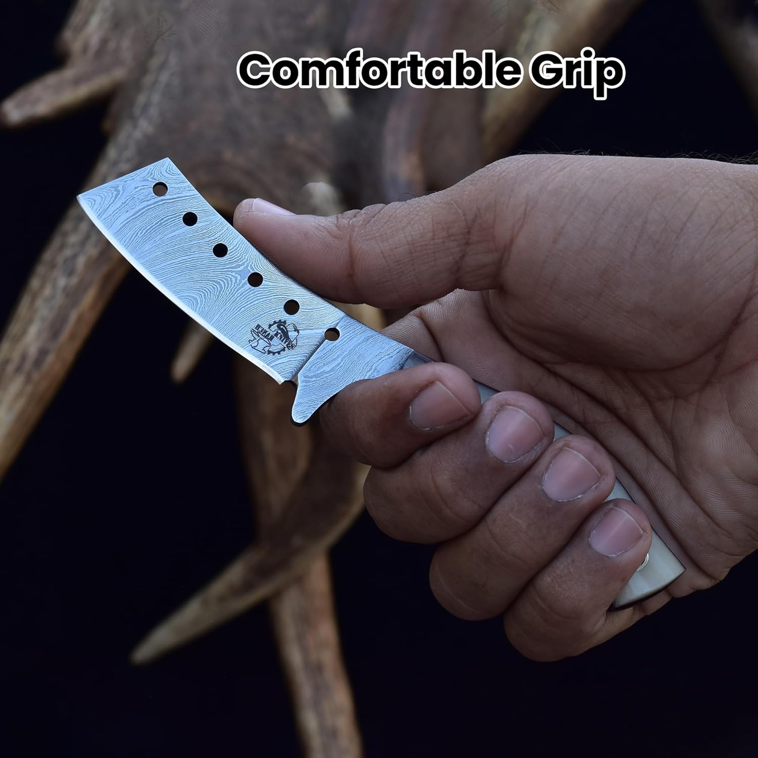 Knives Ranch Handmade EDC Knife – Full Tang – Damascus Steel – Great Edge Retention – Bone Handle – Horizontal Carry Leather Sheath (3131-B)