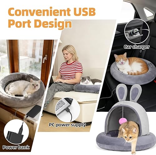 Miniatura 4 de Cama térmica para gatos con almohadilla térmica eléctrica para gatos, cama grande de 23.6 pulgadas para gatos y perros pequeños, cama térmica para