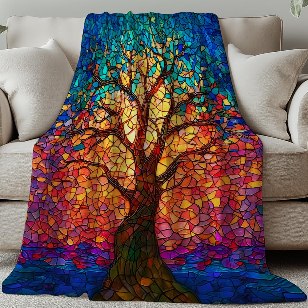 GLOBLELAND Tree of Life Throw 59×51 inch Stained Glass Soft Cozy Flannel Blanket Colorful Tree Washable Fuzzy Throw Blanket for Home Office Room Bed Sofa Chair Gift