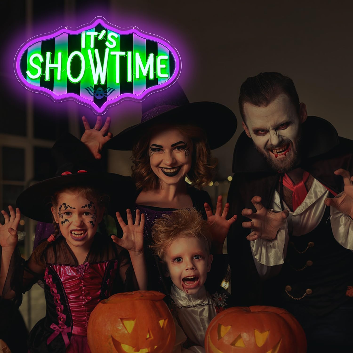 Ajoyferris It's Showtime Neon Sign Dimmable Neon Halloween Sign Showtime Led Sign Horror Movie Neon Lights Striped Gothic Light Up Sign for Halloween Party Decor