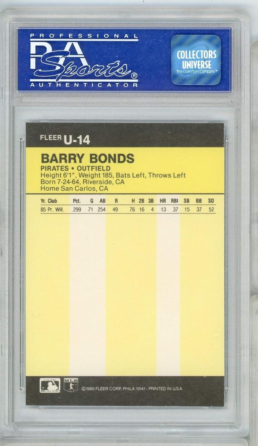 Graded 1986 Fleer Update Barry Bonds #U14 Rookie RC Baseball Card PSA 9 Mint