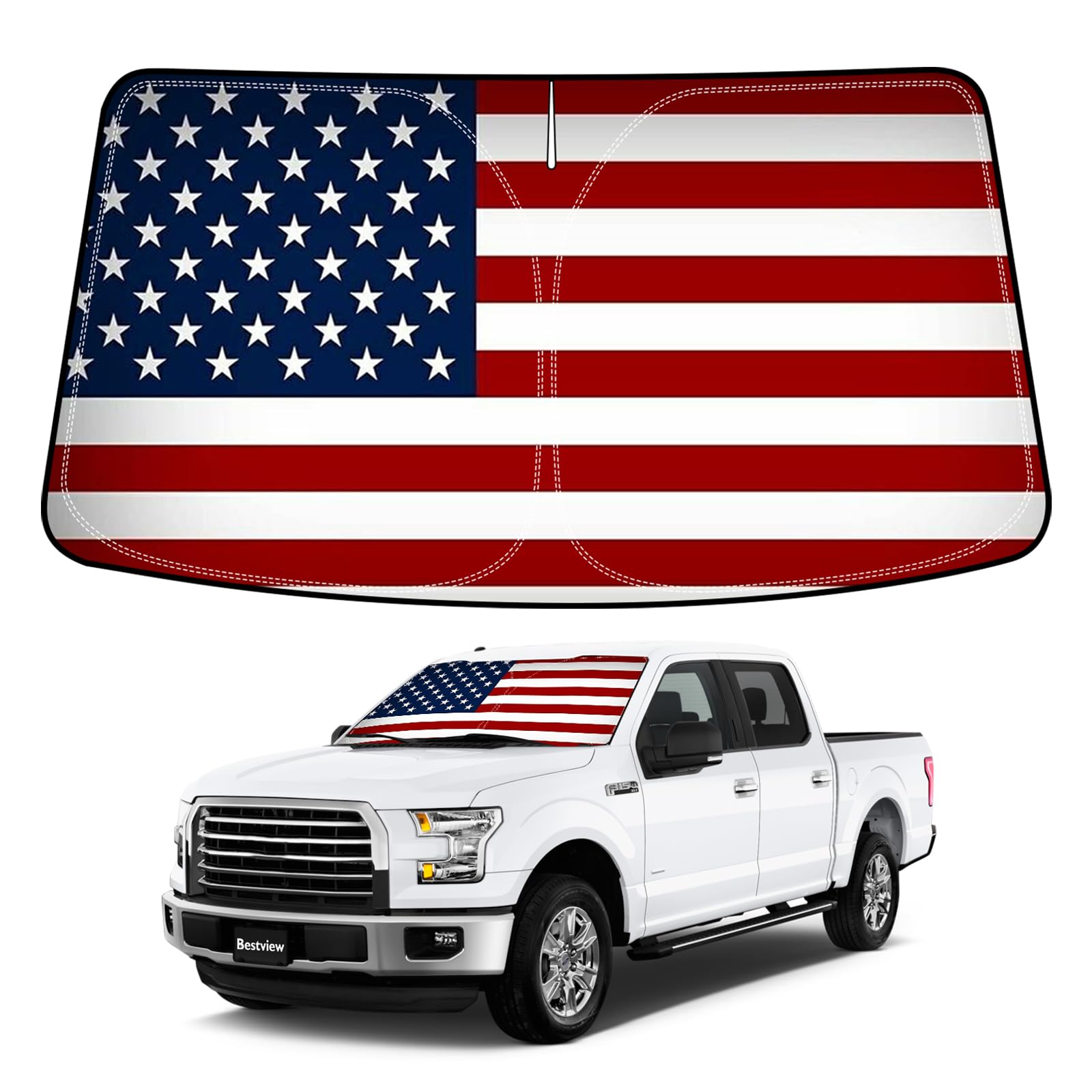 Bestview American Flag Windshield Sunshade for Ford F150 F-150 2015-2020,Custom Fit Foldable Front Window Sunshade Sun Visor Accessories Protector Block UV Rays Heat, Keep Your Car Cooler