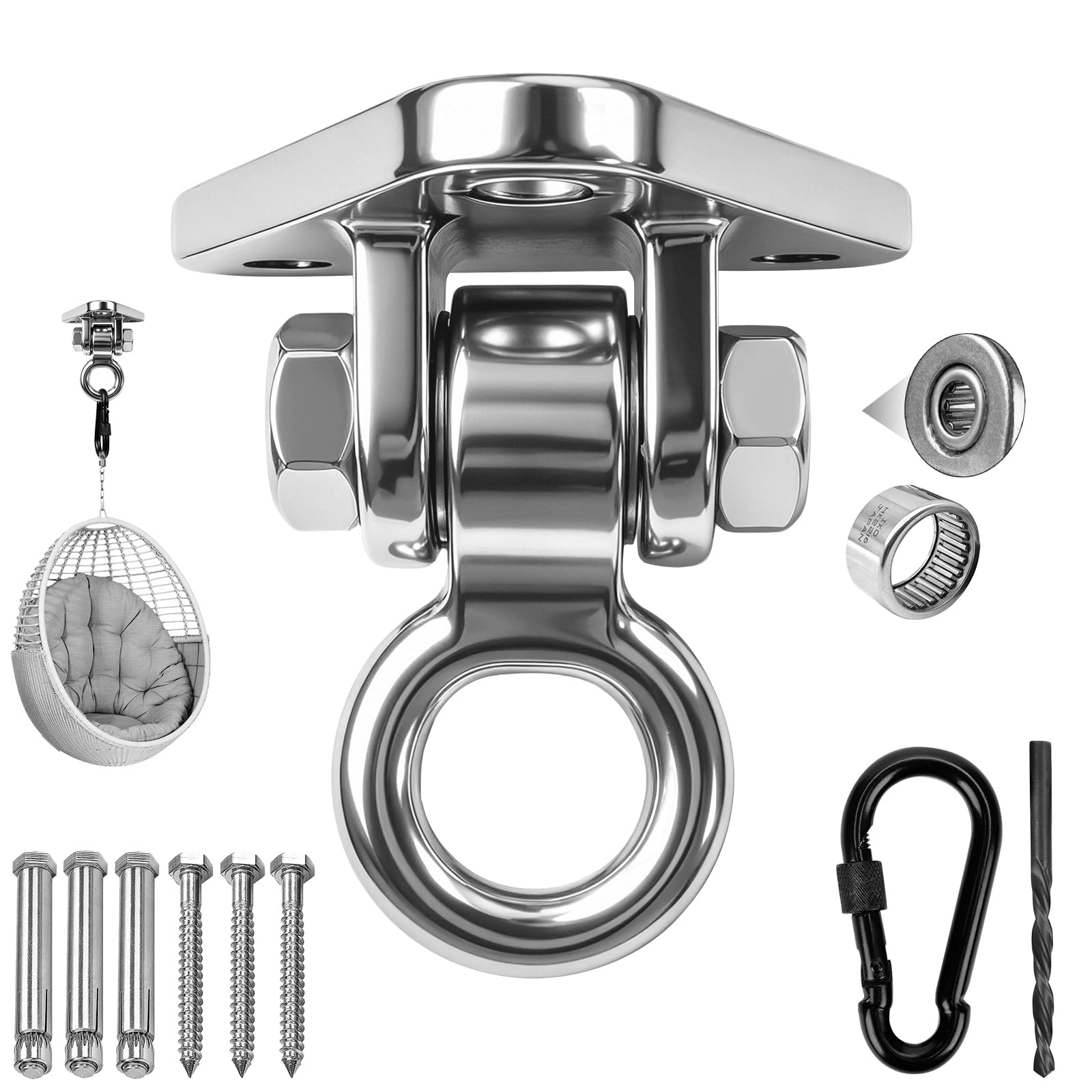 Dakzhou 1 Pack Heavy Duty Swing Hangers, 453 kg Capacity 304 Stainless Steel, 180° Swing Ceiling Hook Hammock Hook for Hammock, Hanging Chair, Yoga, Sandbag, Playground