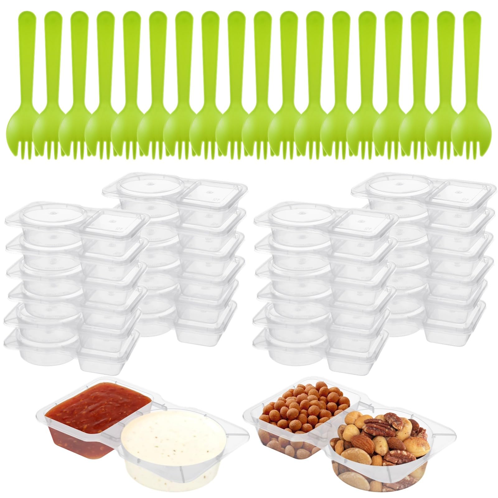 SWEWARM Double Compartment Condiment Containers Set, 100 Reusable Plastic Cups with Lids Spoons, Snack Storage for Travel Microwave Freezer Use