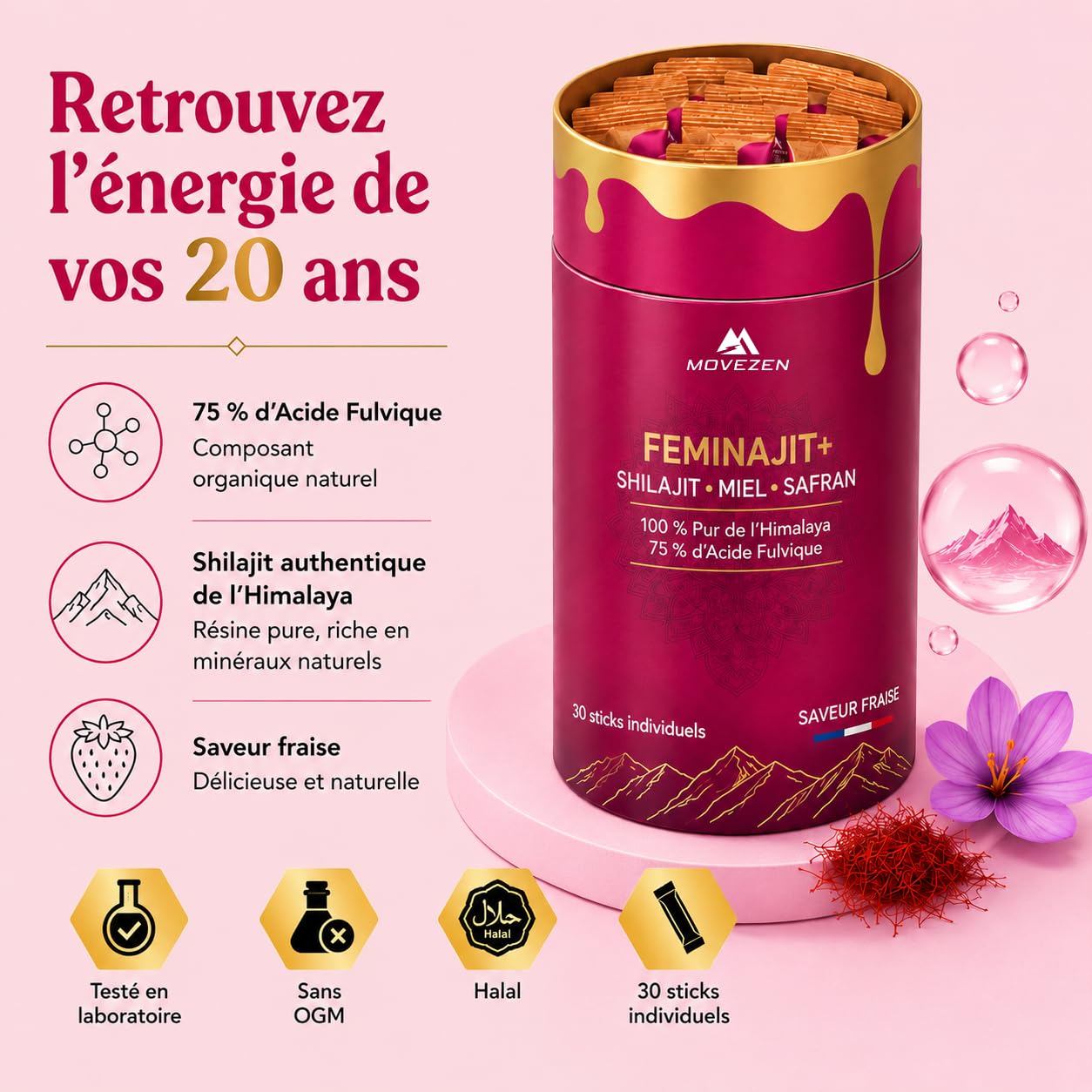 Feminajit+ Shilajit Femme en Stick Pré-dosé, Shilajit Pure Shatavari miel & Safran Movezen, Énergie Durable, Menopause, Vitalité, 30 Sticks Riche en Acide Fulvique, 85+ Minéraux Saveur Fraise