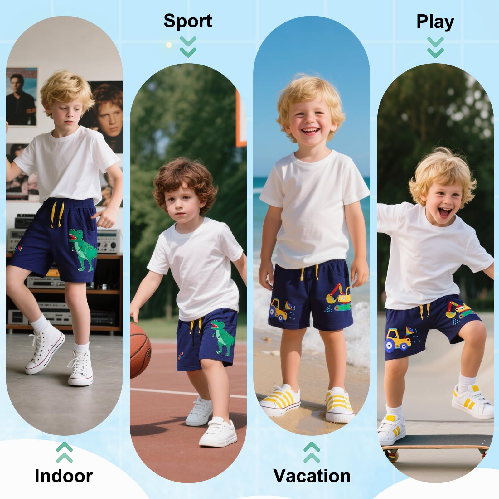 JinBei Pantalon Corto Niño Verano Algodón con 2 Bolsillos Cómodos Ropa Cintura Elástica Bermudas Niños Patrón de Dinosaurio y Excavadora para Correr, Deporte, Casual, Azul Marino 2-7 Años