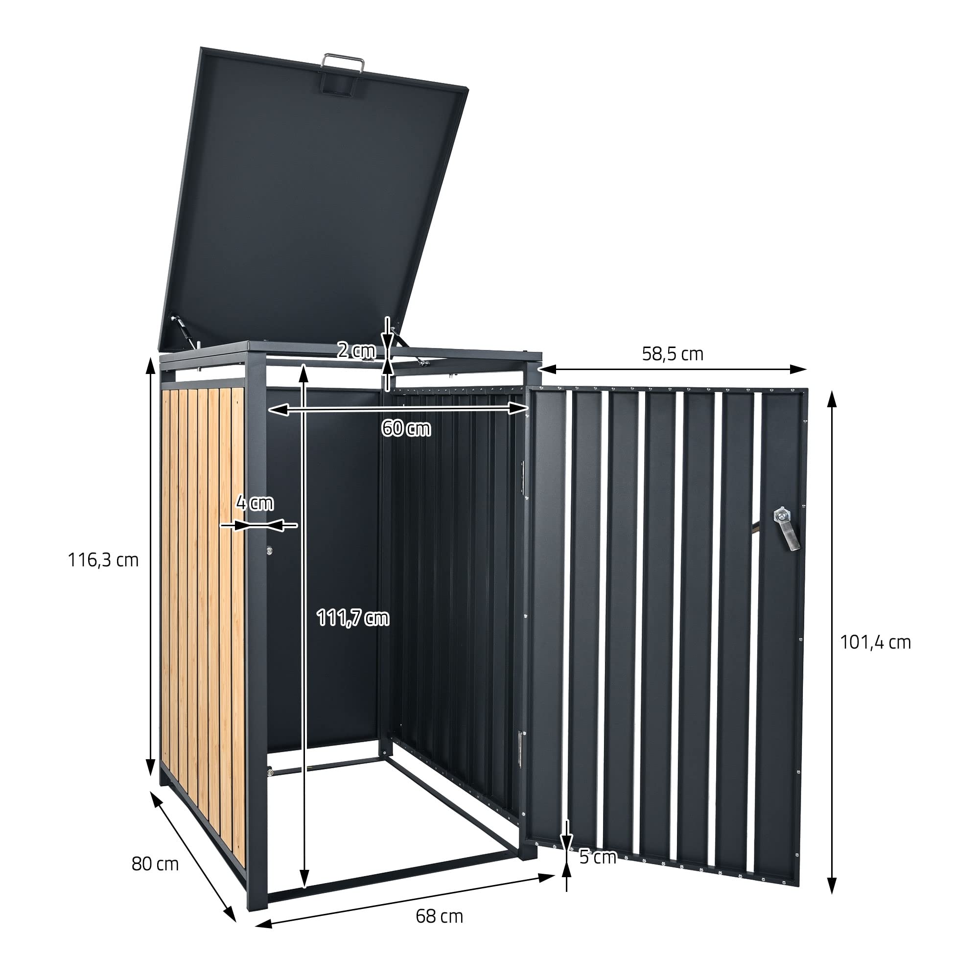 ML-Design Cobertizo para Ocultar Cubo de Basura 240L Antracita Aspecto Madera Alerce 68 x 80 x 116,3 cm Caseta de Acero para Jardín Exterior Contenedor Resistente Caja con Tapa Abatible y Cerradura