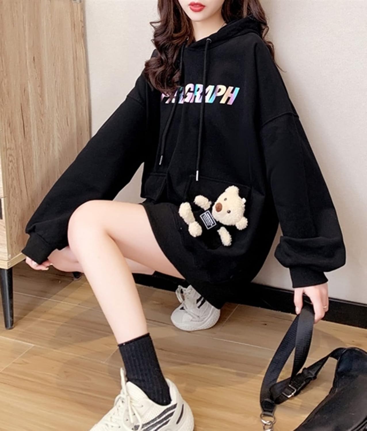 LYTDuvカット パーカー レディース パーカー フード付き 毛むくじゃらのくまちゃん付き 英字 カジュアル ゆとりがある 韓国風