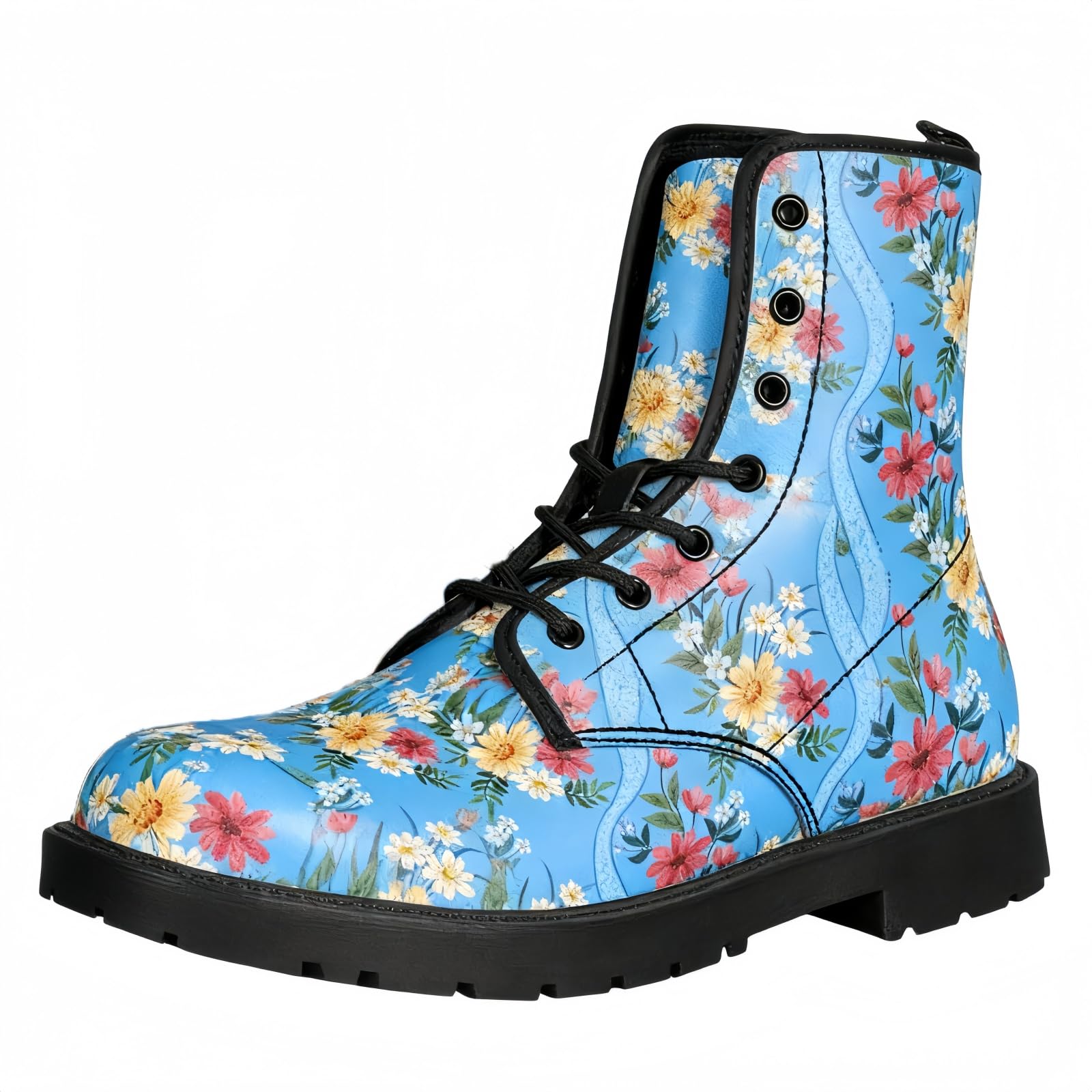 Womens Printed Short Boots Lace-up Block Heel Combat Ankle Booties for Girls Ladies Autumn and Winter Shoes Rose