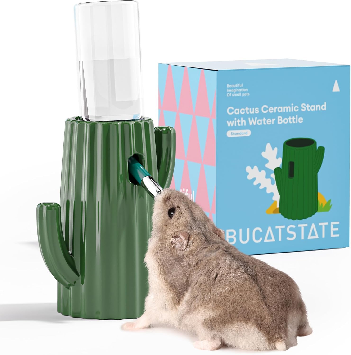 BUCATSTATE Bebedero Hamster con Soporte Cerámico, 120ml Sistema antigoteo Botella de Agua de para Animales pequeños Disponesador de Agua para Cobayas, Conejos- Accesorios para Jaulas Green