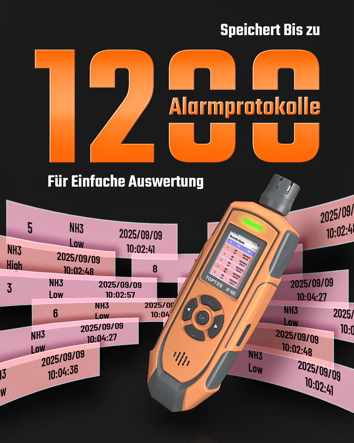 TOPTES AT-505 Wiederaufladbarer Ammoniak-Gasdetektor, 0–100 PPM NH3 Gasmessgerät mit Dreifachalarm, Alarmaufzeichnung und einstellbaren Alarmschwellen für Bauernhof, Geflügel-, Schweine- und Viehzucht