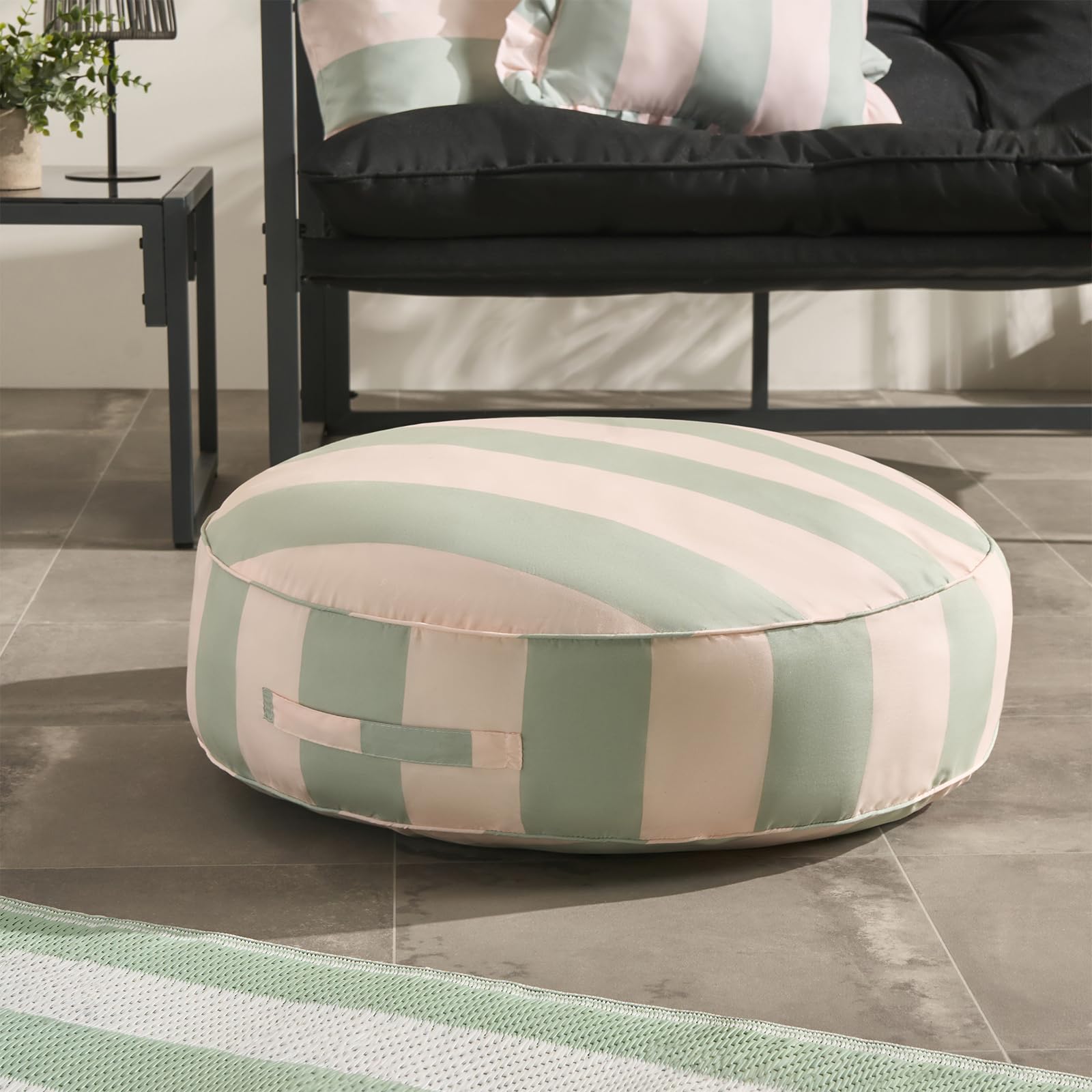 Ohs Stripe Round Outdoor Garden Cushion Water ResistantSage/cream from B&Q