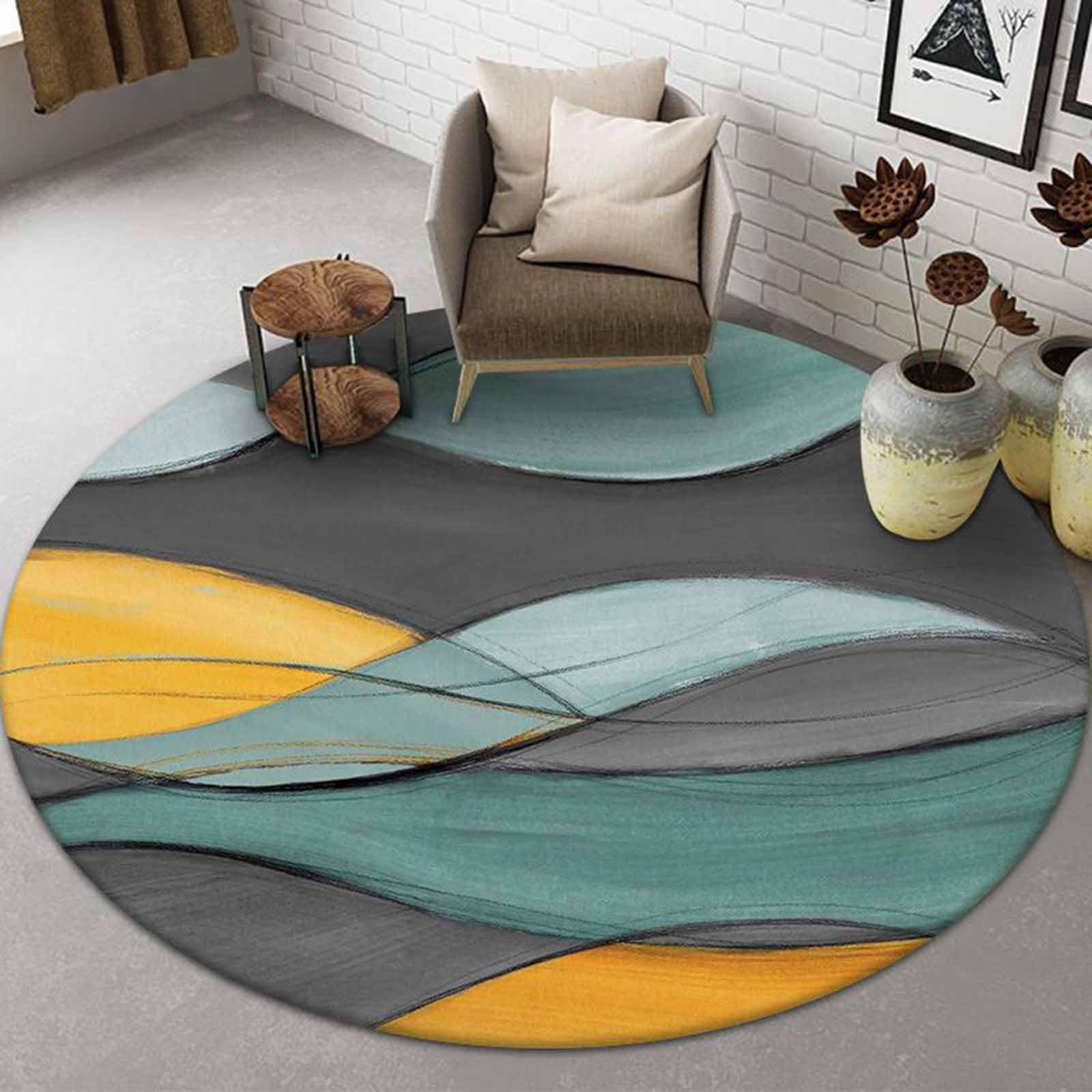 Tapis Rond Moderne pour Salon Gris Jaune 60cm 80cm 100cm 120cm 140cm 160cm 180cm 200cm Tapis Poils Longs Chambre à Coucher Salle de Classe