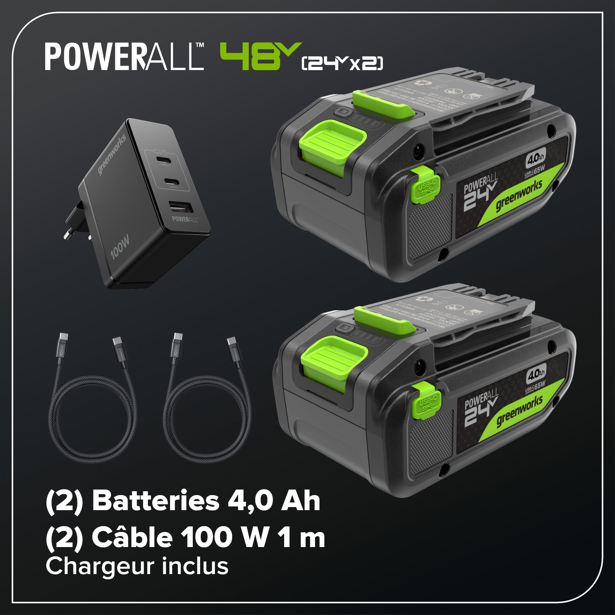 Greenworks 48V (24V x 2) Tondeuse Gazon Batterie sans Fil, Largeur de Coupe 41cm, Sac 40L, Tondeuse Electrique Gazon Inclus 2 X 24V 4Ah et Chargeur Double, Garantie 3 Ans, MO48L422-01