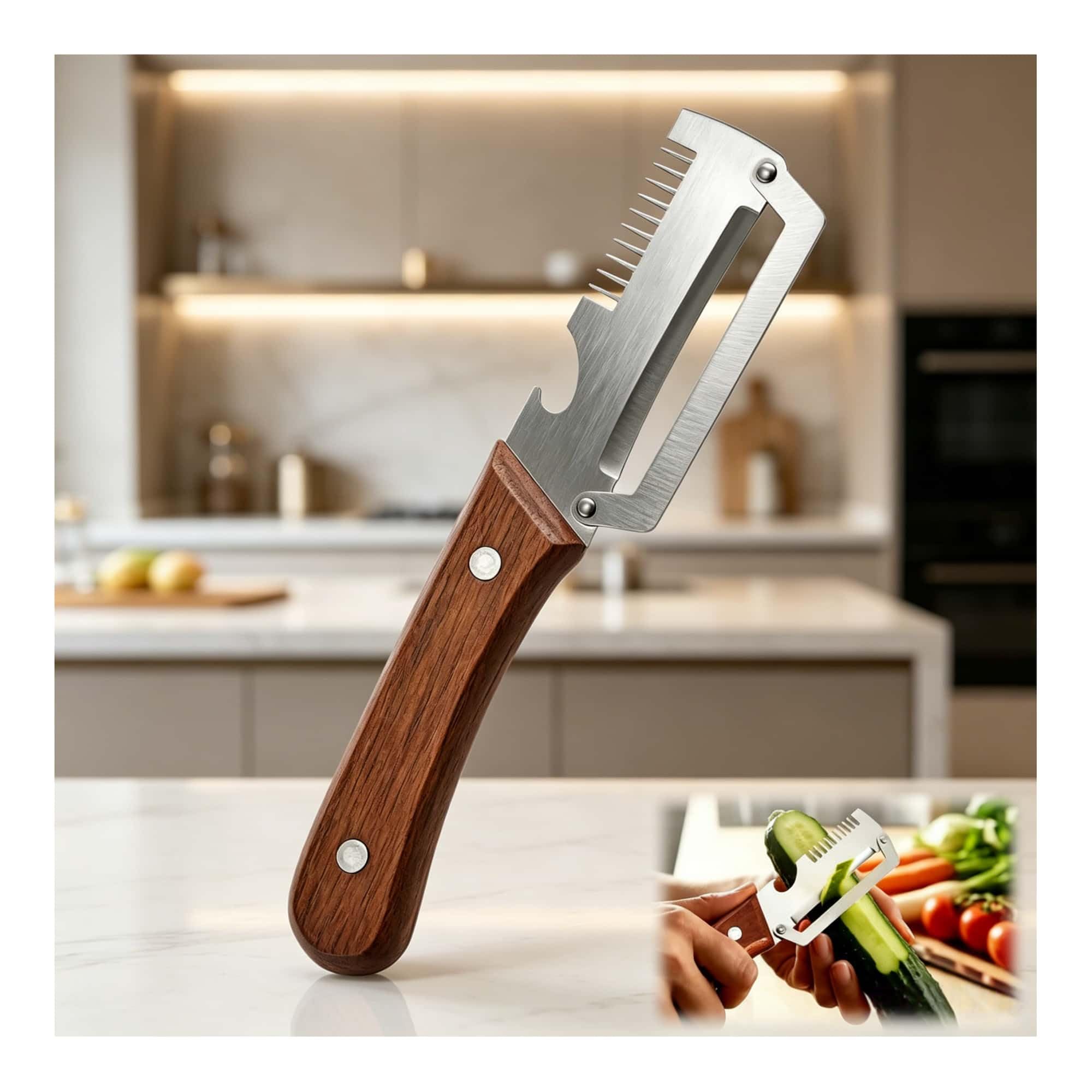 Premium Vegetable Peeler with Wooden Handle and Bottle Opener, Multi-Functional Vegetable Peeler for Fruit Pumpkin Peeling Potato and other vegetables or fruits (1pcs)