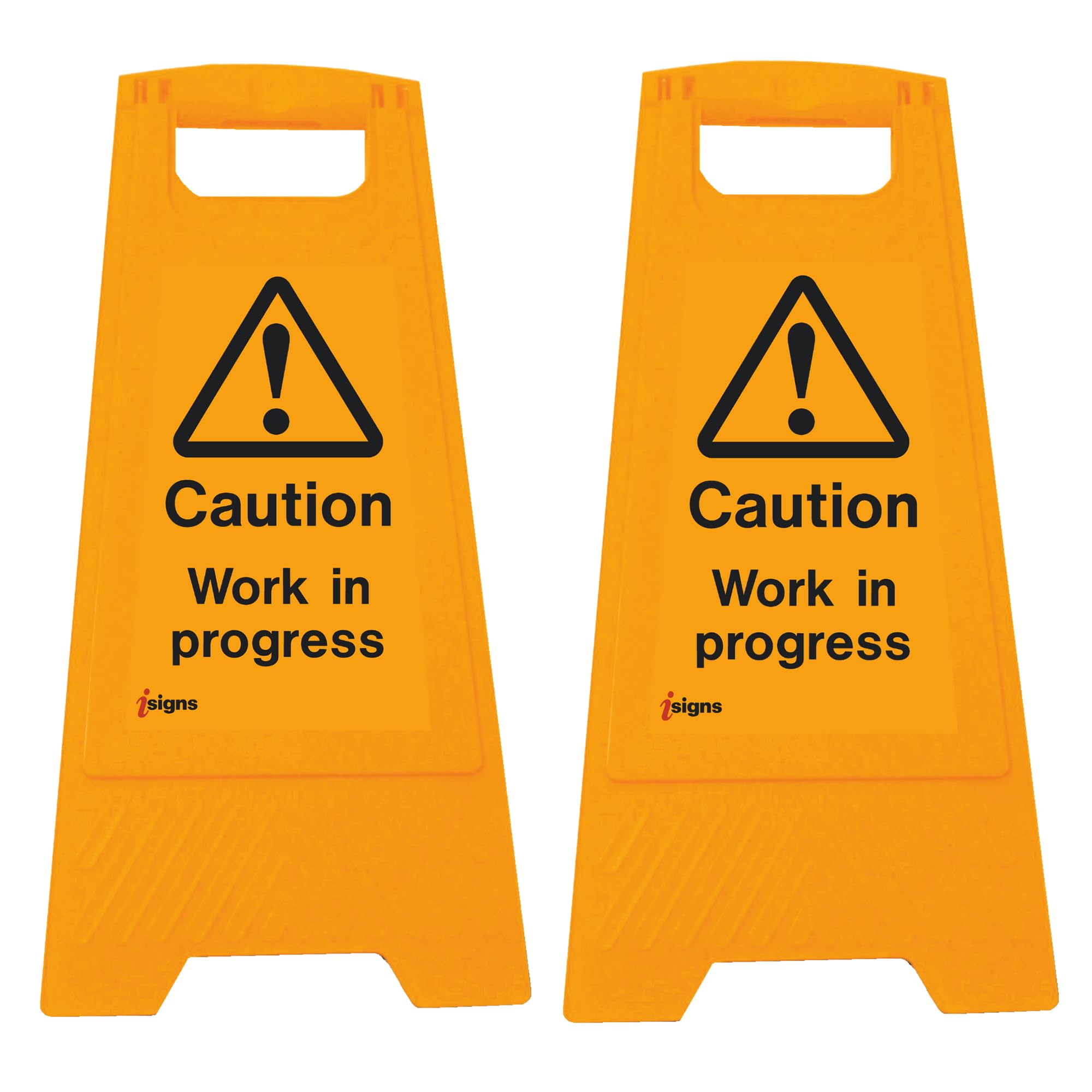 iSigns Floor Signs (Caution Work in Progress) Free-Standing Danger Sign for Factories, Warehouses and More, A-Frame Site Safety Sign, 300x575mm Caution Sign (Pack of 2)