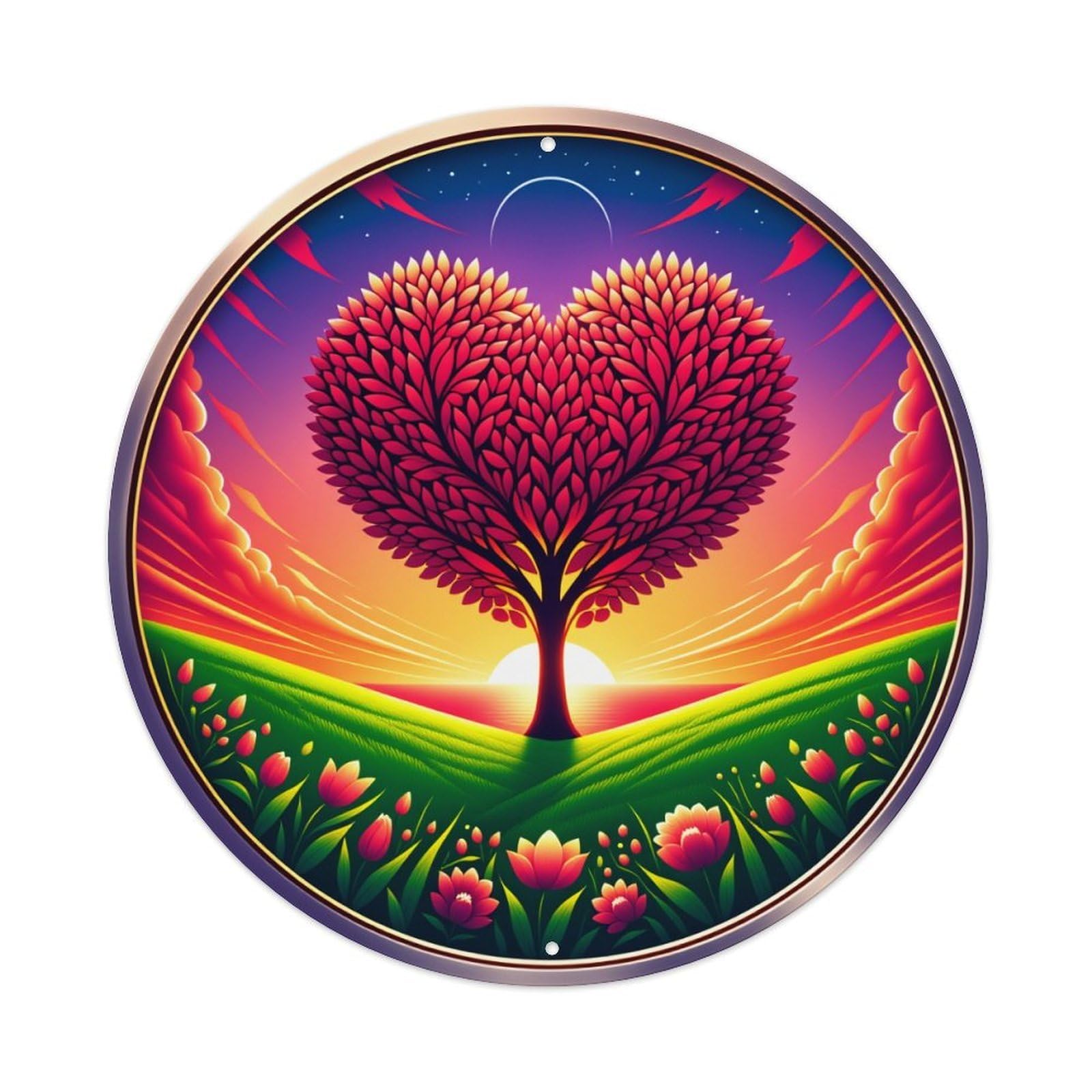 Heart Tree Sunset Flowers Sky Round Tin Sign Vintage Metal Poster Retro Bar, Home, Man Cave, Kitchen, Laundry Room Wall Art Decor Gift 8x8Inch