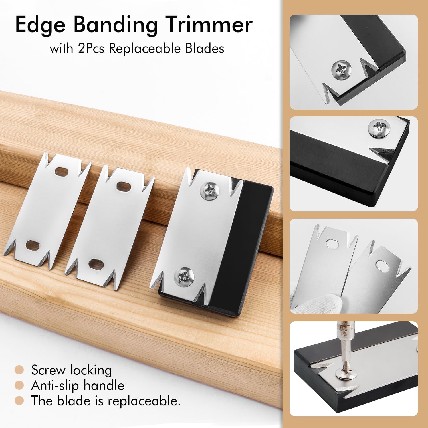 Bestgle Edge Banding Trimmer with 2Pcs Replaceable Blades for Woodworking Deburring Stainless Steel Blade Veneer Edge Hand Planer Cutter Tool for PVC ABS Melamine Wood Corners - Image 3