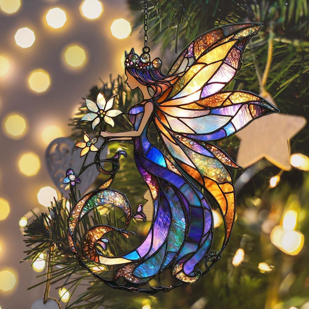Flowers Fairy Acrylic Suncatcher Stained Glass Effect Window Car Hanging Christmas Ornament Indoor Outdoor Decor Garden Sun Catcher Panel for Fairy Lover for Women Mom Grandma