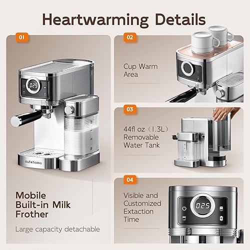 Miniatura 7 de Máquina de café expreso, máquina de capuchino de 20 barras con espumador de leche automático, cafetera de un toque para café con leche con filtros,