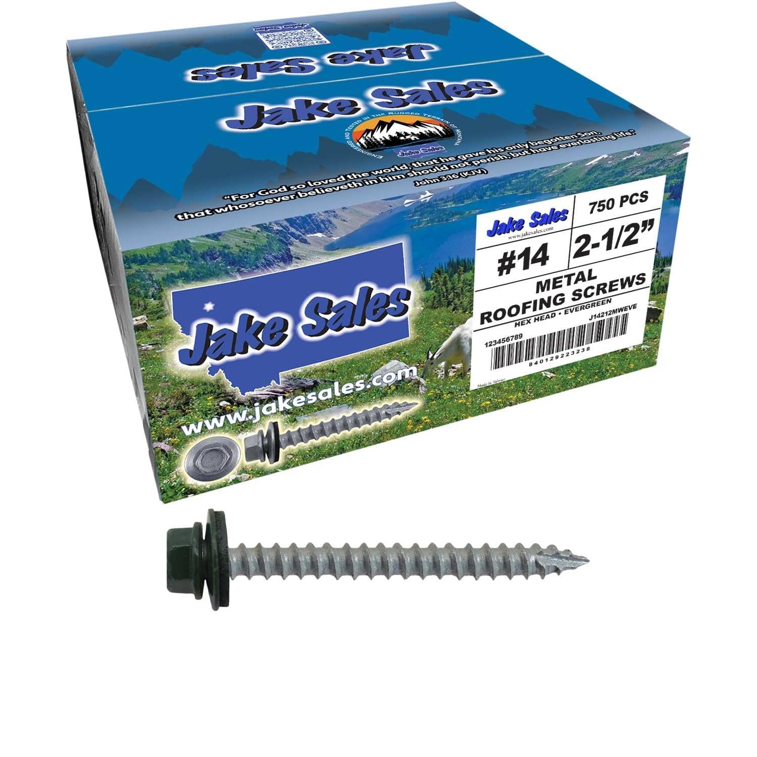 14 x 2-1/2" Evergreen Metal Roofing Screws - Hex Washer Head- Self-Starting/Tapping - EPDM Washer. 3 X 250 Bags - 750 Screws