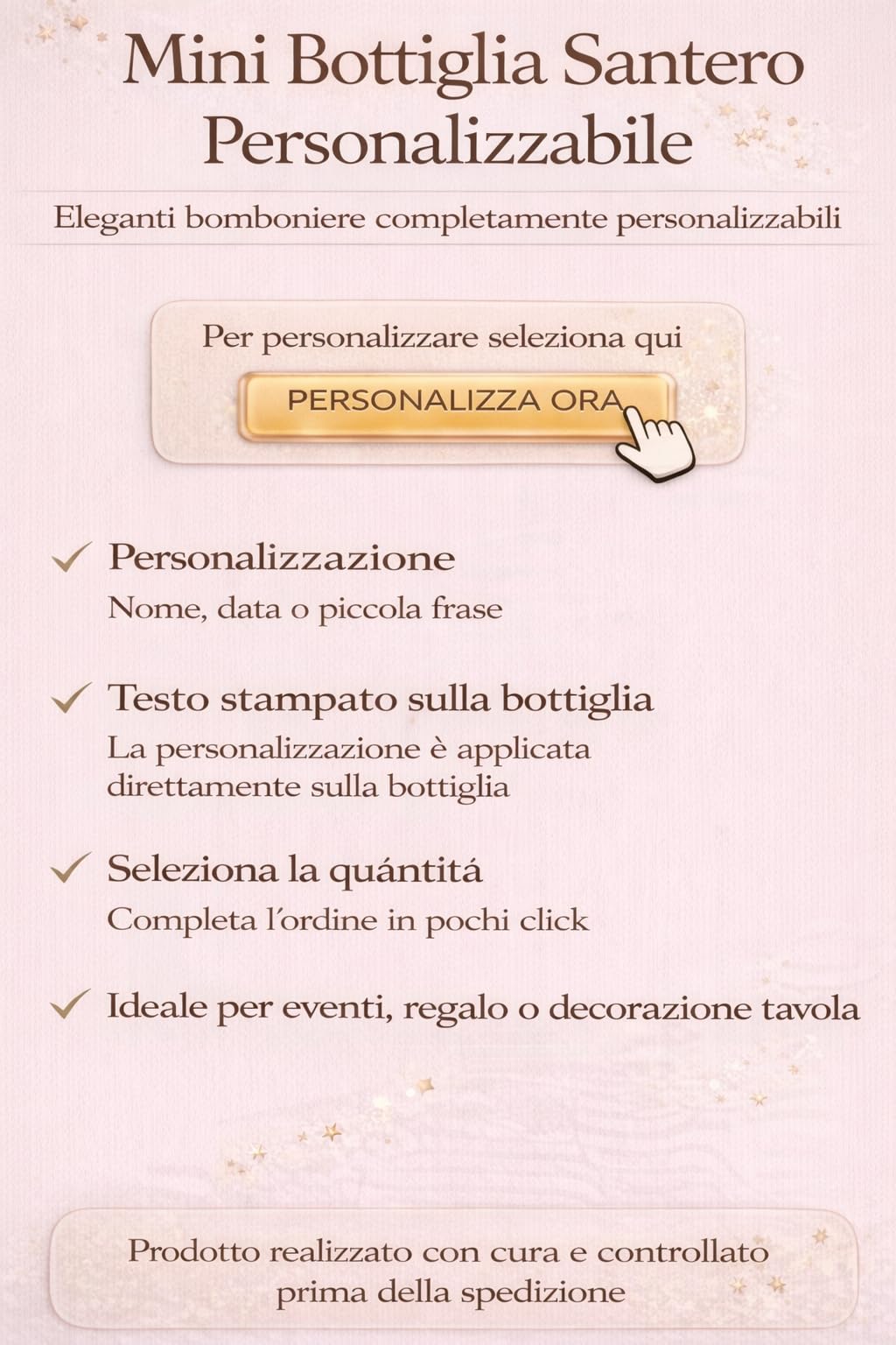 Bomboniera Bottiglia Santero 958 Personalizzabile 20 cl -Personalizzabile con tag o etichetta adesiva -Bomboniera originale ed unica. Idea regalo per feste, compleanni, eventi e party -Set da 12 pz