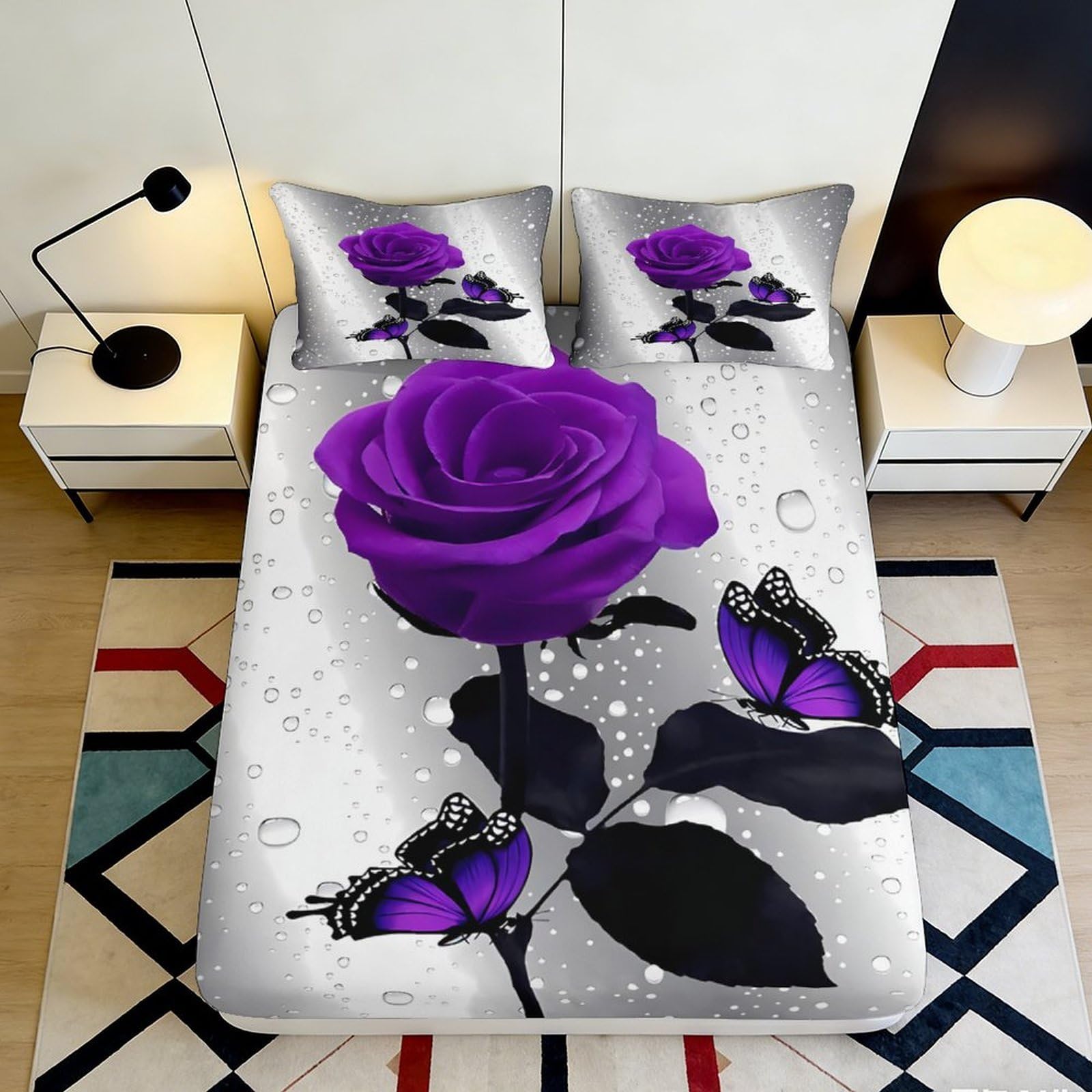 Pnayamiorkfel Style-8 3D Printed Purple Rose Butterfly Fitted Sheet Microfiber Soft Bedroom Decor Mattress Cover For Home Teen Dorm 90X200x25cm