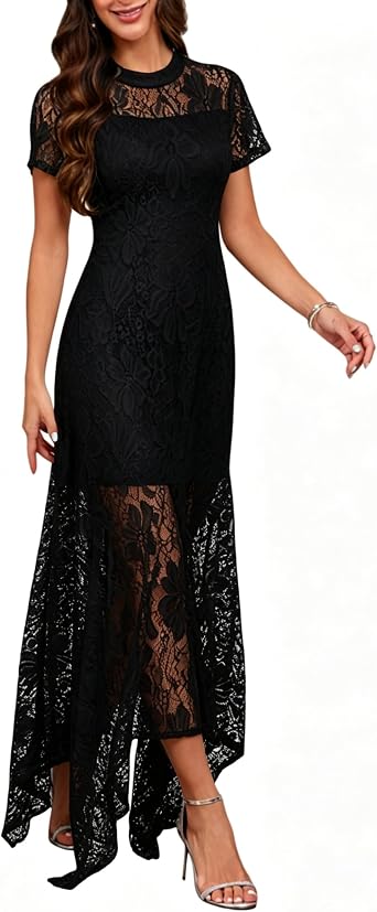 Womens Elegant Mock Neck Short Sleeve Irregular Hem Floral Lace Cocktail Party Maxi Dress