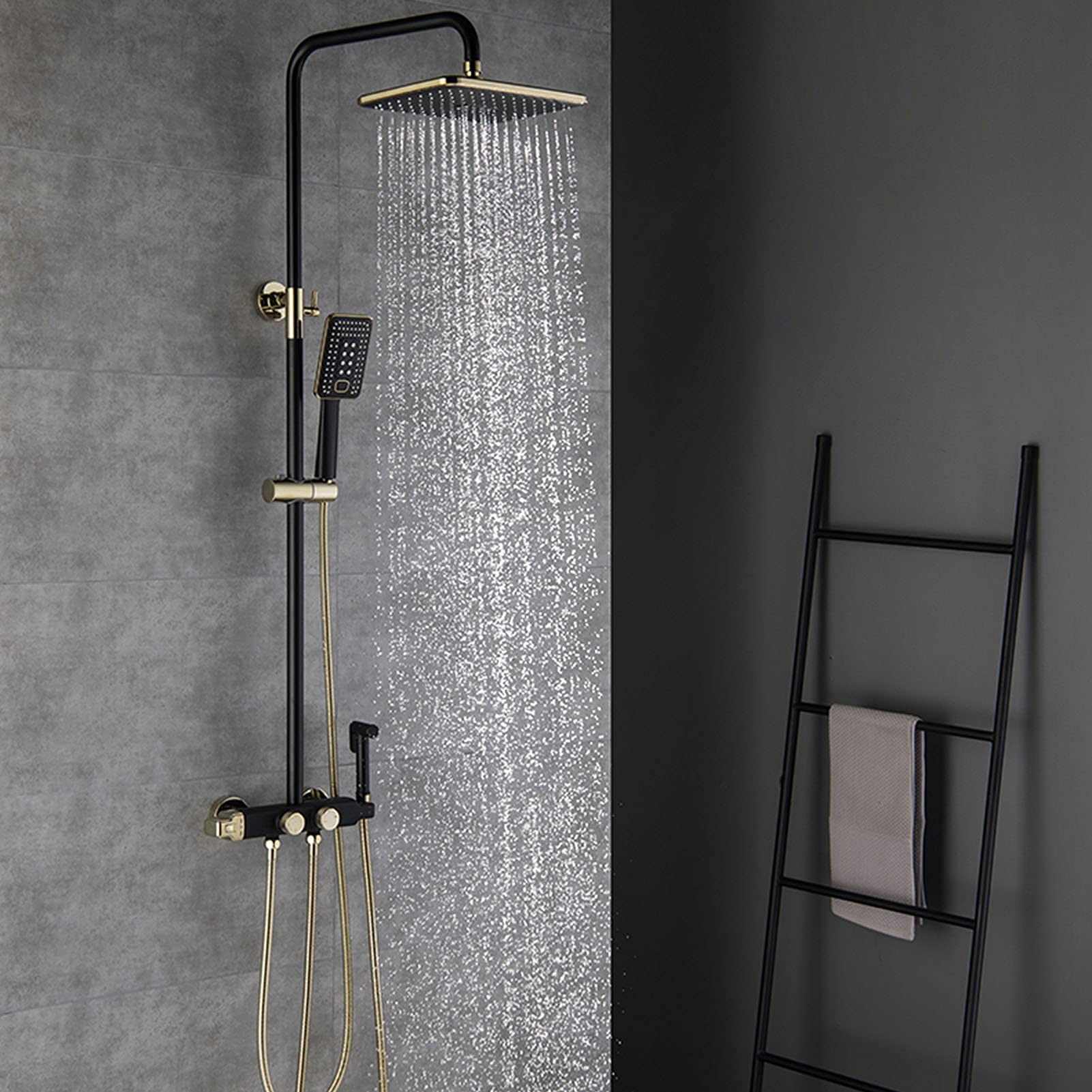CWCQGH Shower Faucet Set, Luxury Rainfall Shower Head with Handheld Spray, Bidet Sprayer, Wall Mounted Thermostatic Bathtub Faucet Set, Solid Brass,Gold Black
