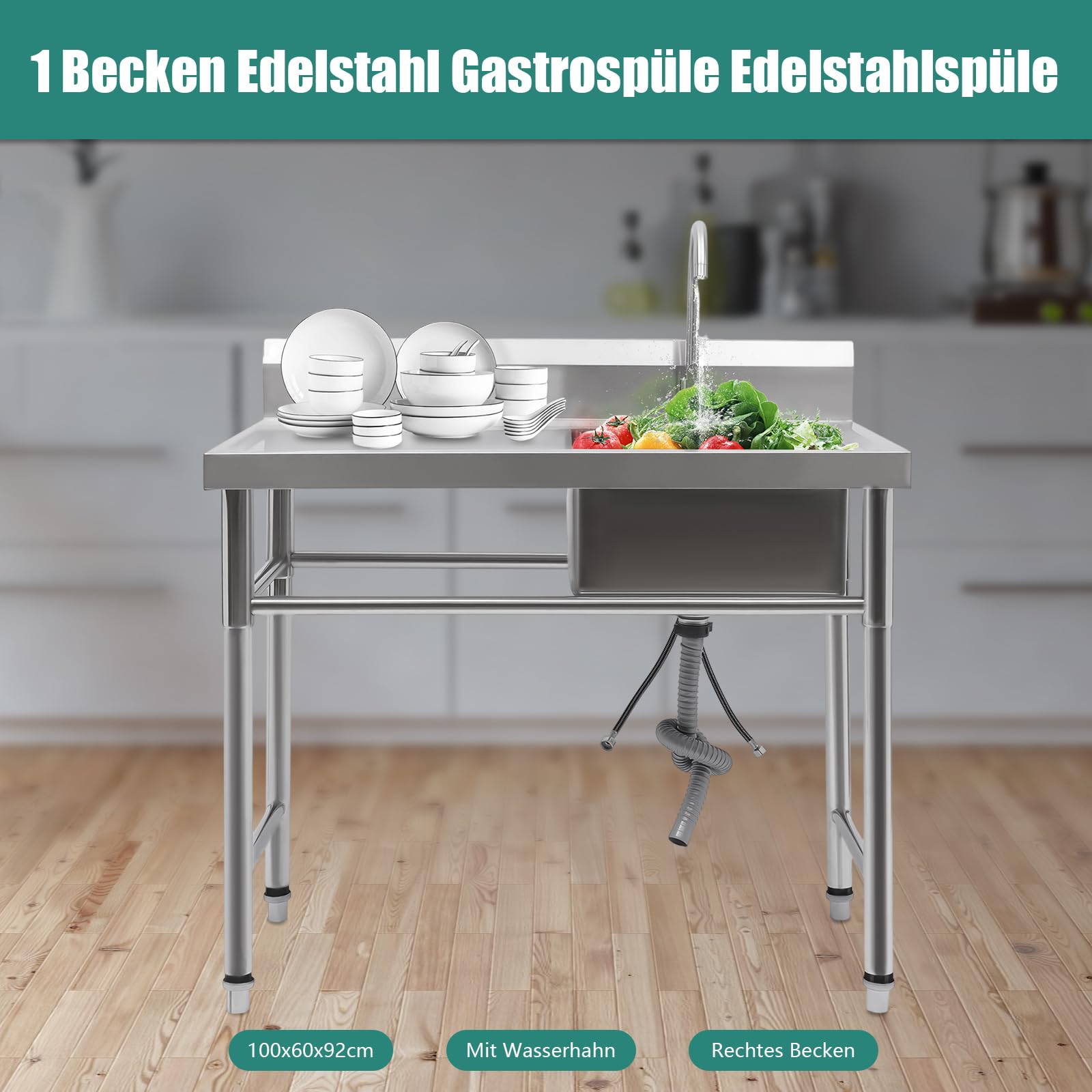 Küchenspüle,Spülbecken 1 Becken Spültisch Gastrospüle Spülbecken Edelstahlspüle Gastro Gastronomie Spüle Arbeitstisch Waschbecken Edelstahl,100cmx60cm (Rechts 100x60x93cm)