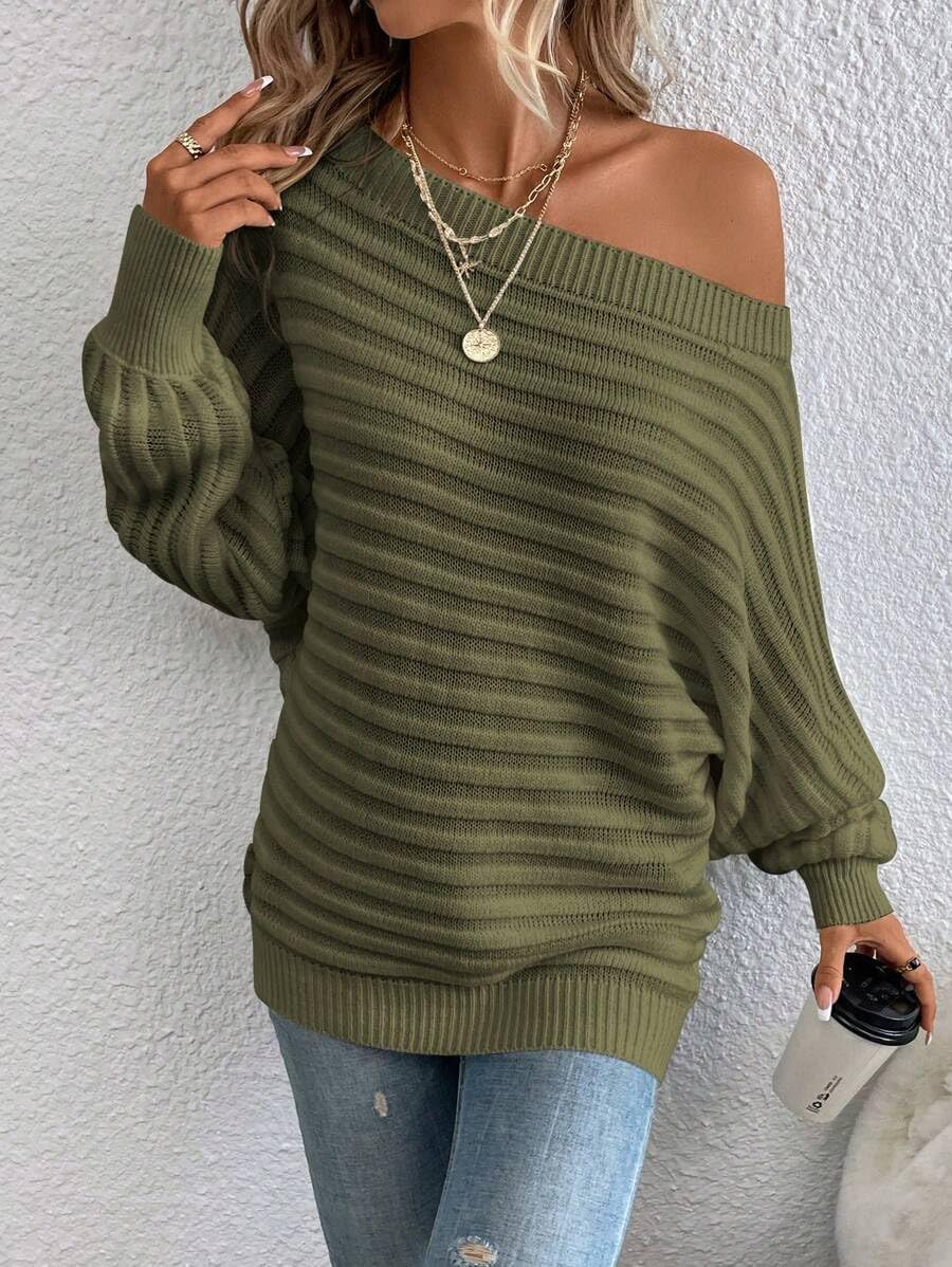 ZAFUL Womens Fall Sweaters Off The Shoulder Batwing Sleeve Textured Knit Tops Oversized One Shoulder Sweater - Image 4