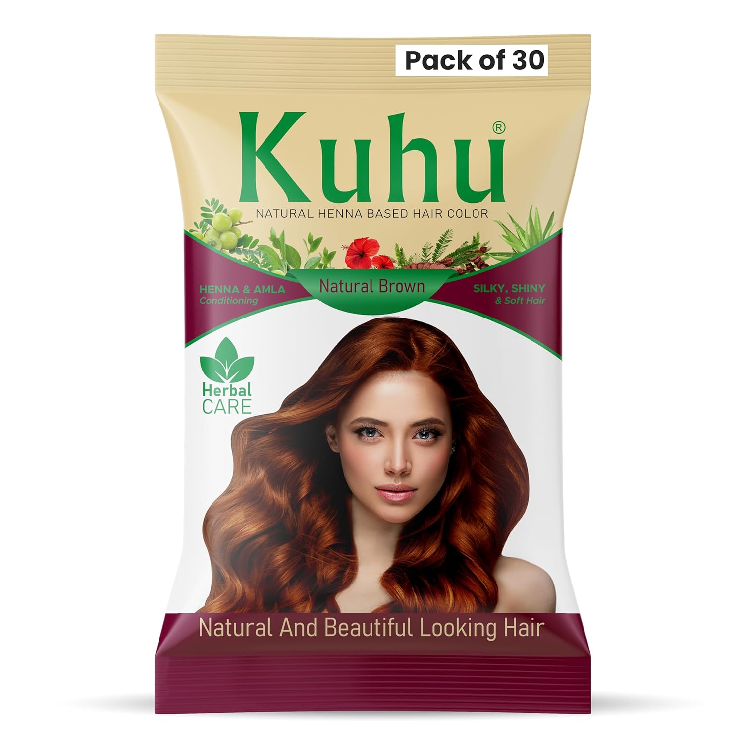 Kuhu Henna Hair Color Natural Brown Sachet Pack(5.29 Ounce)-Organic Herbal Hair Dye,Chemical-free & Long-lasting,Ammonia-free Professional Coloring (Natural Brown (Pack Of 30))